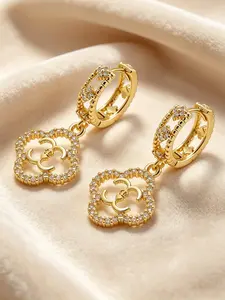 1 Pair 18k Gold Plated Copper Four-leaf Drop Earrings, Sparkling Zircon CC Logo Huggie Hoop Dangle Earrings, Luxury Designer Jewelry for Women
