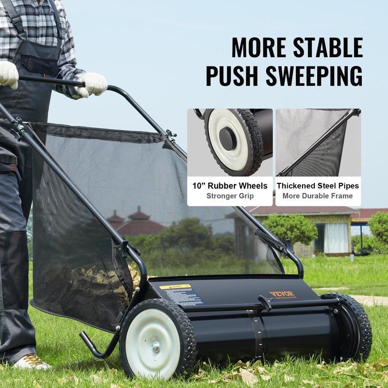 VEVOR Push Lawn Sweeper, TikTokShopBlackFriday, 26 Inch Leaf & Grass Collector, Strong Rubber Wheels & Heavy Duty Thickened Steel Durable to Use with Large Capacity 7 ft³ Mesh Collection Bag, 4 Spinning Brushes