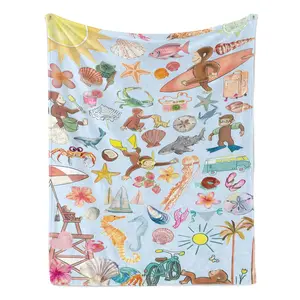 Curious George Monkey Summer Beach Tropical Collage Flannel Throw Blanket Watercolor Ocean Sea Creature Cartoon Blanket For Kids Sofa Bedding Vacation Birthday Holiday Gift