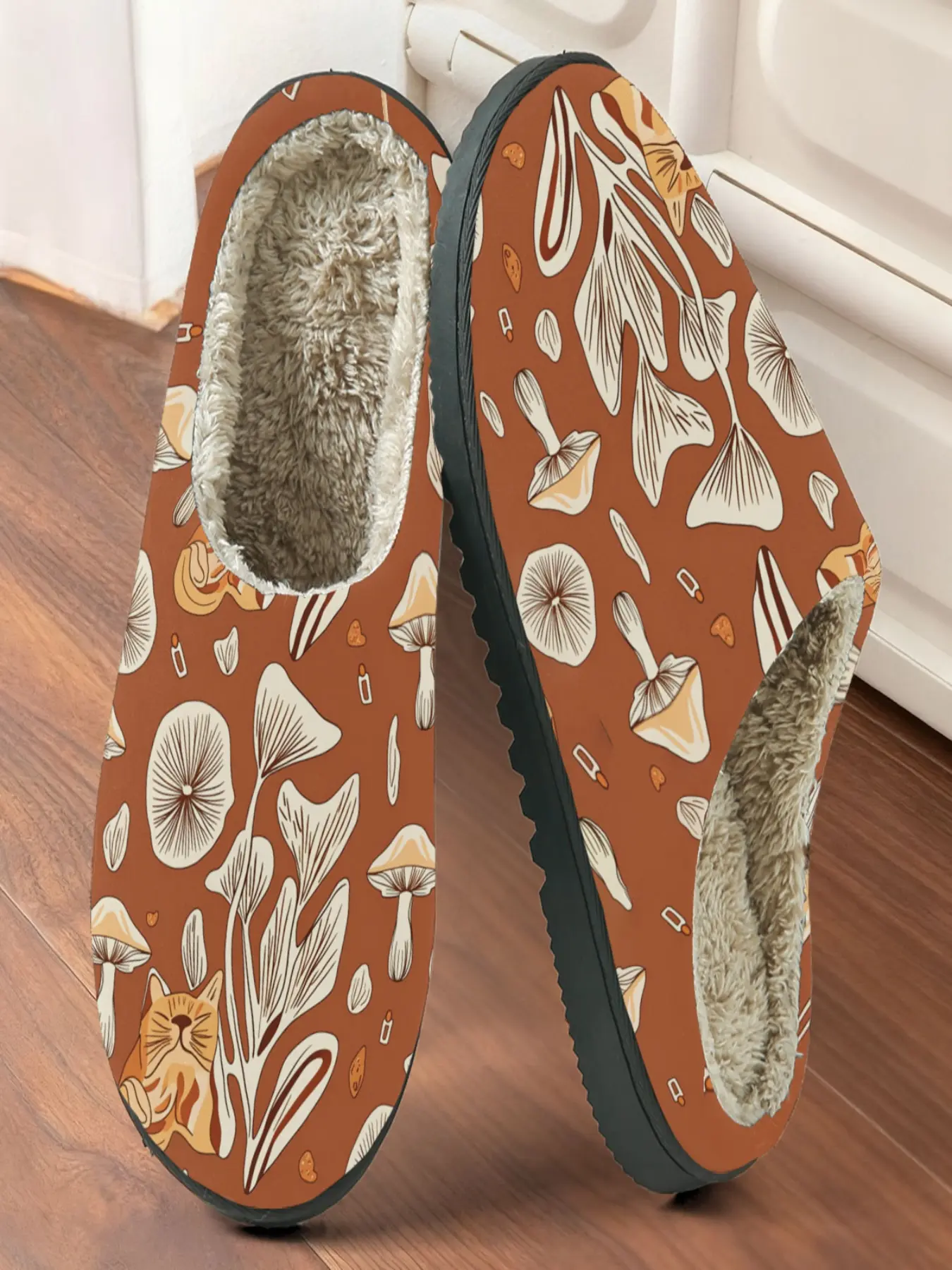 Mushroom Cat Plush Slippers, Vintage Healing Style, Fleece Warmth, Anti-Slip Soft Sole, Winter Home Shoes for Cat Lovers
