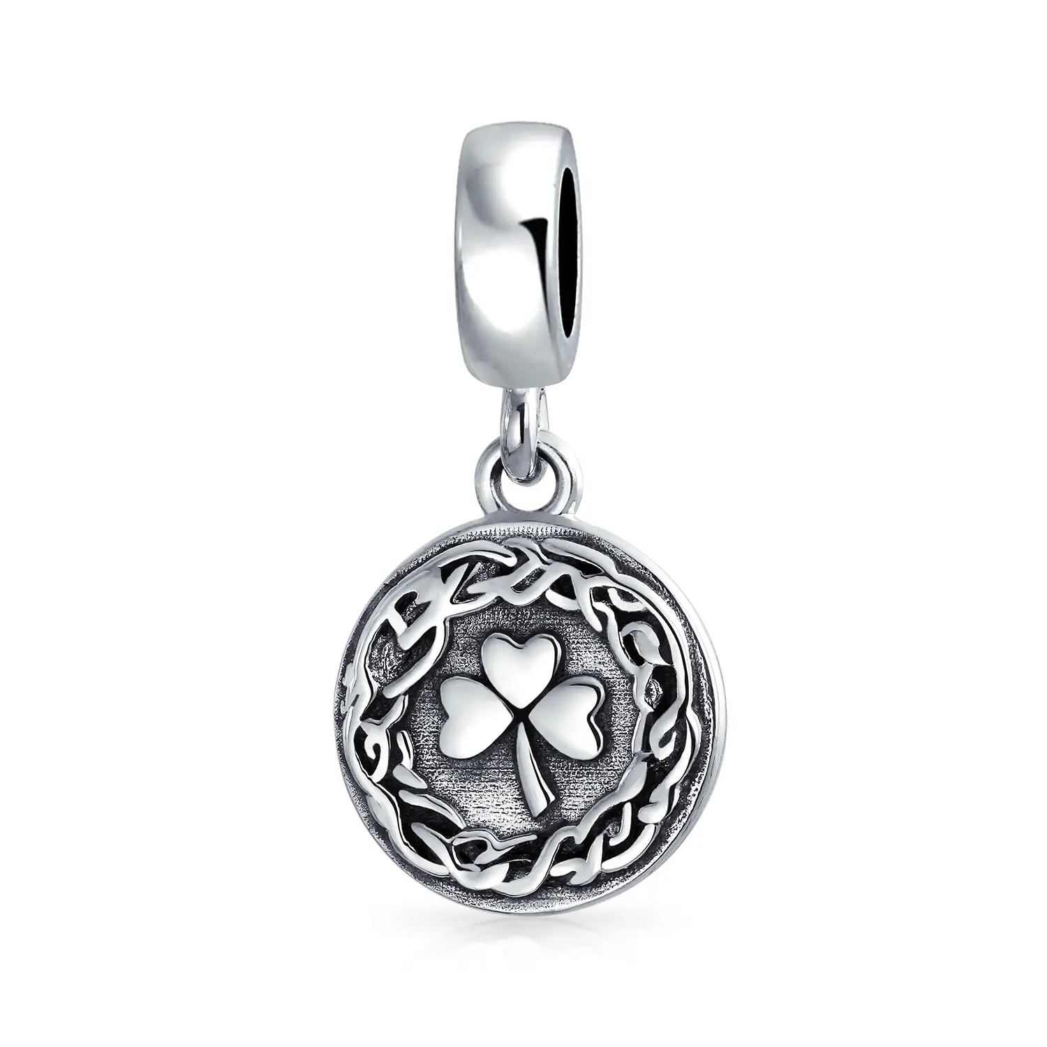.925 Sterling Silver Disc Lucky Celtic Knot Lucky Leaf Shamrock Irish Clover Dangle Charm Bead