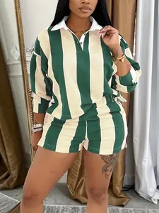Women's Casual Striped High-Waisted Shorts Set, Spring & Fall Fashionable Sportswear, Comfortable Daily Wear, Workout Daily Wear, Sporty Set, Sweatsuit Set Outfit, Sweatsuit Outfits