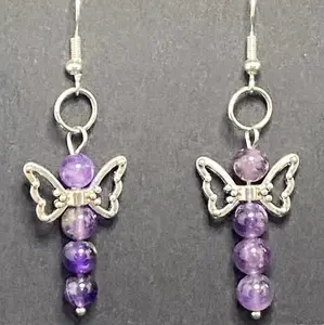 Handmade natural amethyst bead Angel earrings with sterling silver hook!