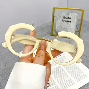 Cream Beige Octagonal Cutout Round Glasses, Vintage Gold Metal Bridge Statement Eyewear, Modern Geometric Fashion Sunglasses for Women