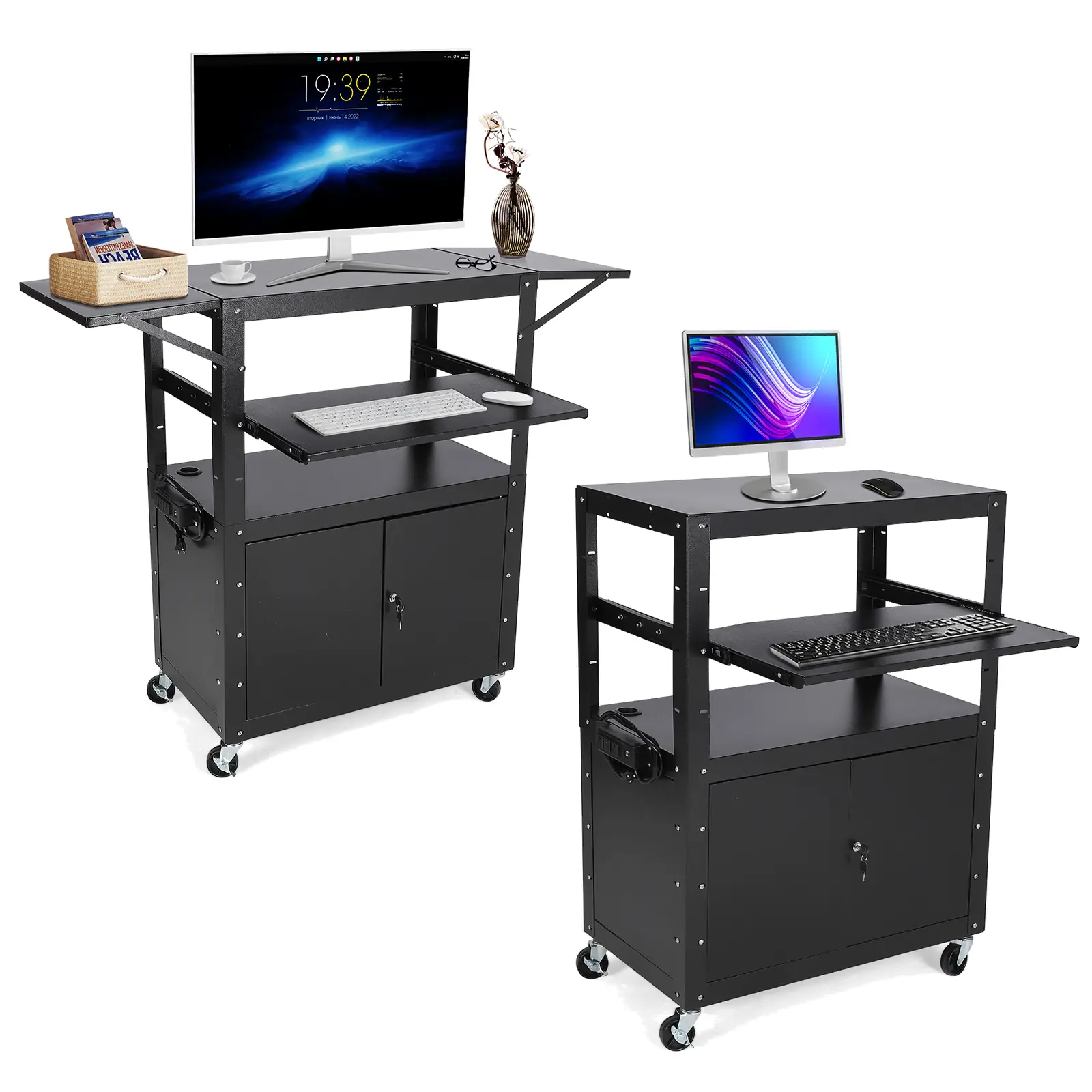 Garvee Upgraded-Cart, Heavy Duty Steel Adjustable Height Rolling Trolley With Locking Cabinet, Pullout Keyboard Tray & Power Strip, Extra Storage Workstation For Office Laptop Use