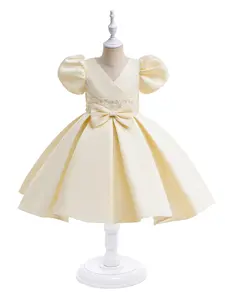 Kids Clothes Flower Girl Bow Puff Sleeve Ball Gown Pageant Children Elegant Performance Princess Prom Host Formal Evening Party Cocktail Tulle Dress for all Season 4 to 7 Years