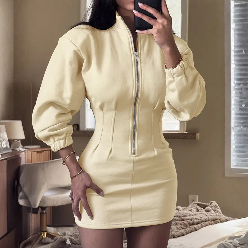 Women's Lapel Casual Dress, Basic High-Neck Pullover Dress with Long Sleeves, Quarter-Zip, and Drawstring Waist, Casual Fashionable Dress