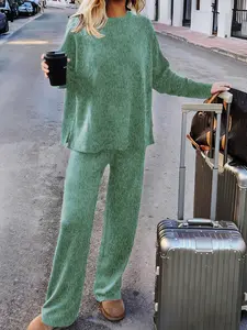 Women's Fall Winter Knitted Travel Airport, Soft Fleece Warm Round Neck Long Sleeve Pants Set, Two-Piece Sweater Dress