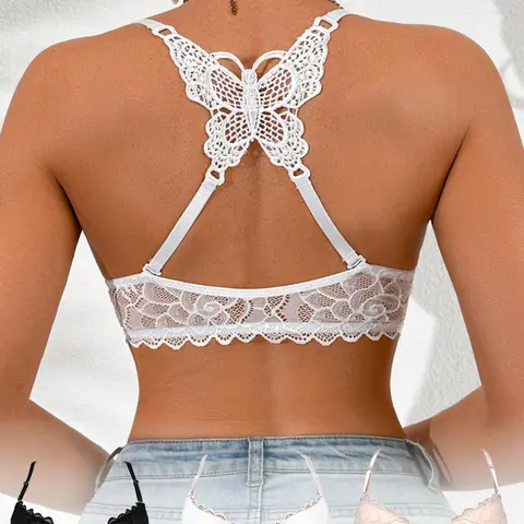 Butterfly Back Multi-Way Sexy Lace Front Buckle Deep V-Neck Lift Push-Up Bra, Women 3-Pack Padded Underwire Lingerie with Adjustable Straps, Fashion Underwear