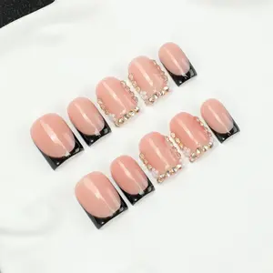 Handmade French square nail press, black French with gold rhinestones, reusable salon nail art, including easy-to-use nail kit, suitable for daily dressing and giving to women, exquisite gifts suitable for daily dressing and giving to women