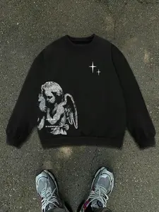 Men's stylish fleece sweatshirt with angel print design, casual graphic crew neck pullover, perfect for fall and winter, stylish every day wear