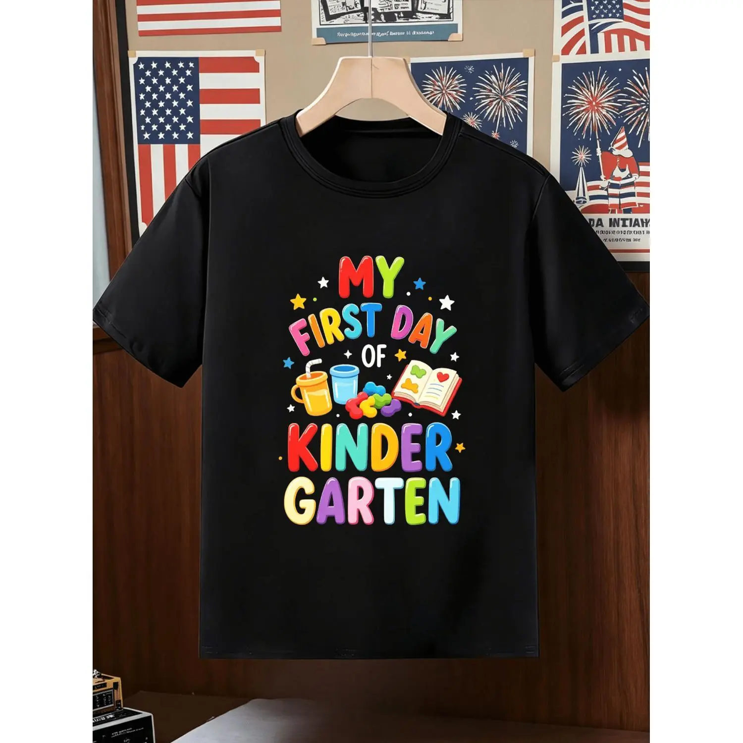 Kids My First Day Of Kindergarten T Shirt with Colorful Text And School Supplies Print