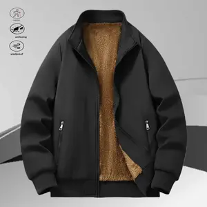 A men's stand collar fleece jacket, casual and versatile with a warm feel. The jacket features a zipper closure, making it easy to put on and take off. It has two side pockets with zippers, not only practical but also adds details. The inside is made of s