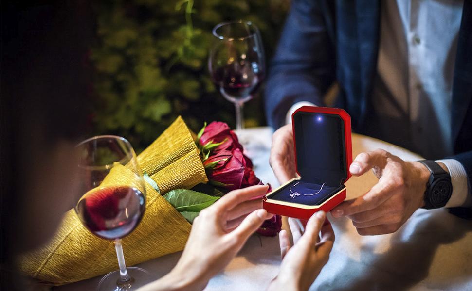 Luxury Ring Box, Square Velvet Wedding Ring Case Jewelry Gift Box with LED Light for Proposal Engagement Wedding, Black