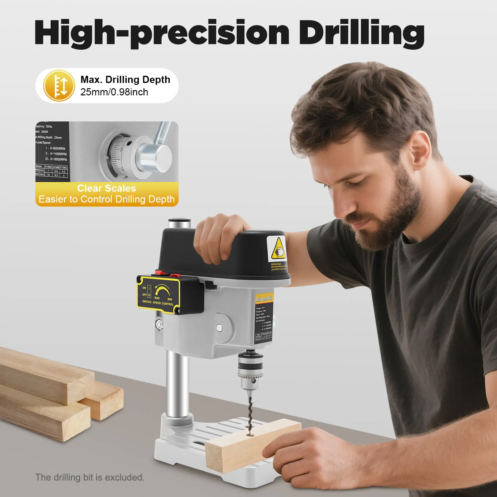 340W Mini Bench Drill Press 3-Speed 0-16000rpm 0.04-0.39in Chuck for DIY Craft Wood Plastic Metal Jewelry Model Drilling