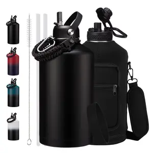 128oz Insulated Water Bottle - 32 40 64 128 oz Stainless Steel Water Bottles with Straw & Spout Lids, Paracord Handle, Carrier Bag with Strap, Protective Cup Mat, Keep Cold-48H & Hot-12H