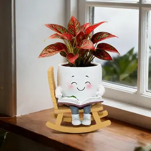 Smily  Rocking Chair Reading Book Planter Pots, Cute  Flower  Succulent Planters for Indoor ,  IdeaI for Mother Christmas Birthday with Drainage Hole