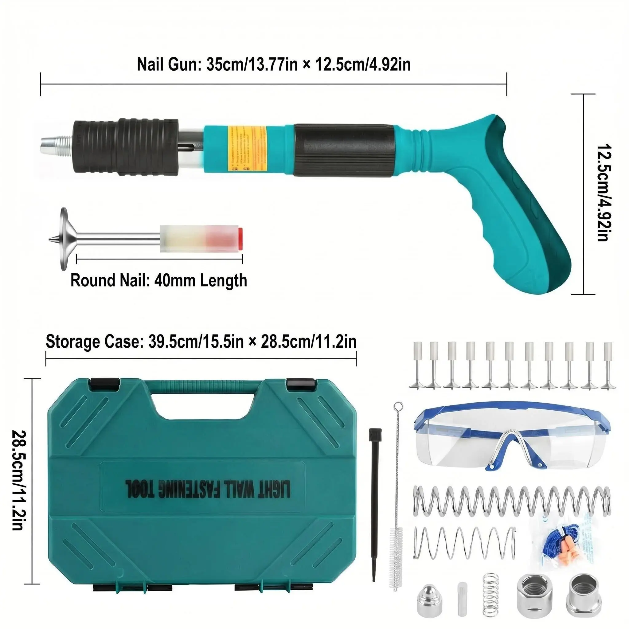 Manual Steel Nail Gun - 5-Speed Adjustable Portable Heavy-Duty Wall Fastening Full Kit Set with 0.1s Fast Drive, 100PCS Nails, Cleaning Brush, Work Gloves, Earplugs for Household, Industrial Hardware Applications (Cordless Compatible)