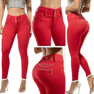 W80-865 Colombian Rhinestone Red Color Stretch Jeans High Quality