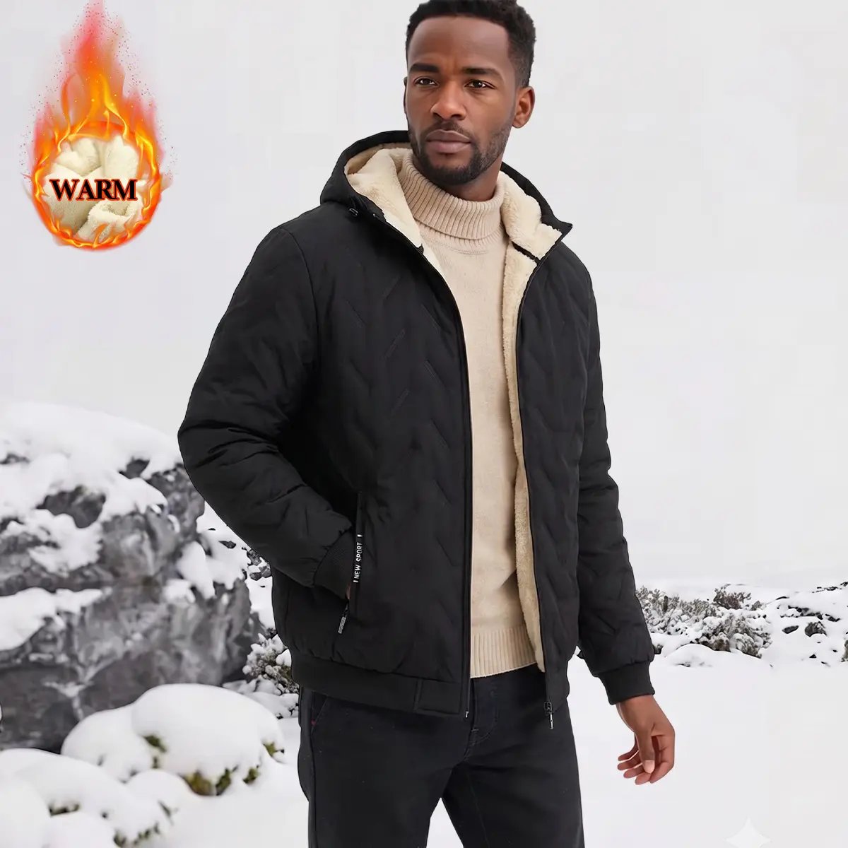 Men's quilted hooded jacket with full-zip and sherpa lining – for winter commutes, camping, or casual layering – 100% polyester shell & fill – windproof, warm, and effortlessly sharp.