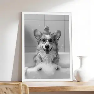Corgi Bath _ Dog in Bathtub Funny,vintage, couple，Minimalist Neutral Poster Print, Aesthetic Wall Decor for Bedroom.