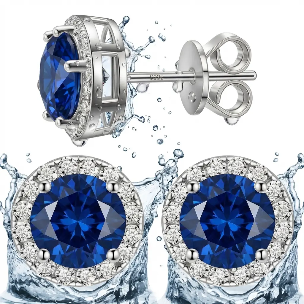 S925 Sterling Silver Synthetic Gemstone Stud Earrings—unisex round design, hypoallergenic and skin-friendly (sapphire-blue); an ideal birthday gift. Features cubic zirconia set in a 14K gold-plated base.
