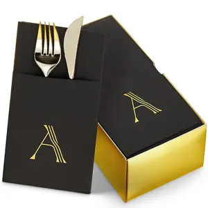Monogrammed 50-Pack Napkins Gold 'K' Black Prefolded Flatware Pocket Linen-Feel For Wedding Party Shower