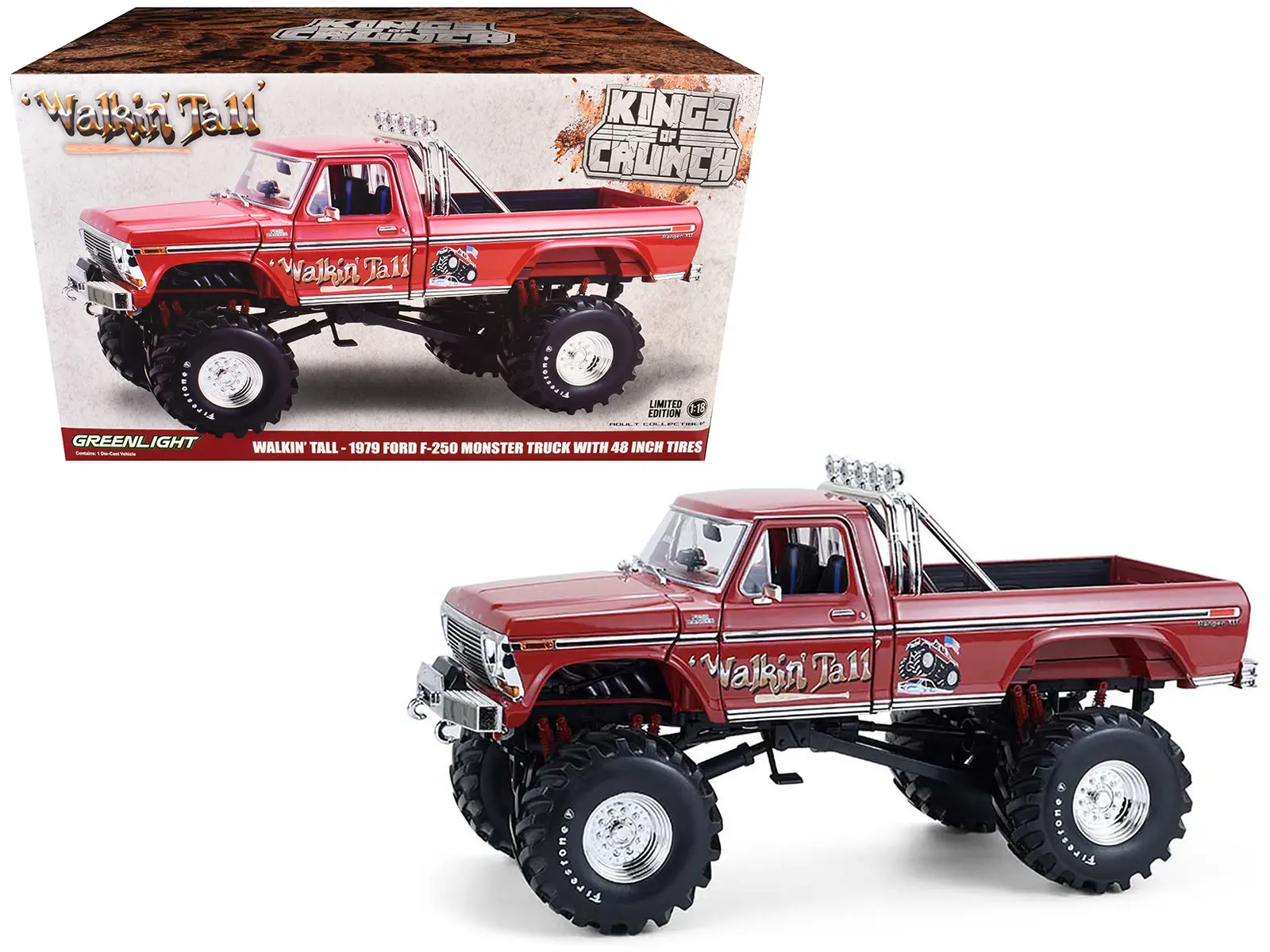 1979 Ford F-250 Monster Truck with 48-Inch Tires "Walkin' Tall" Red "Kings of Crunch" 1/18 Diecast Model Car by Greenlight