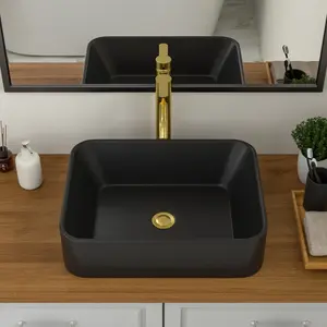 Logmey 19" Black Bathroom Vessel Sink 19"x15" Drop in Vessel Sink for Bathroom Large Rectangle Porcelain Ceramic Modern Countertop Above Counter Bathroom Vanity Sink Art Basin, Memorial day