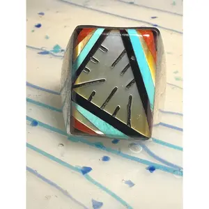 Zuni ring size 10.75 turquoise MOP coral inlay Sterling silver women