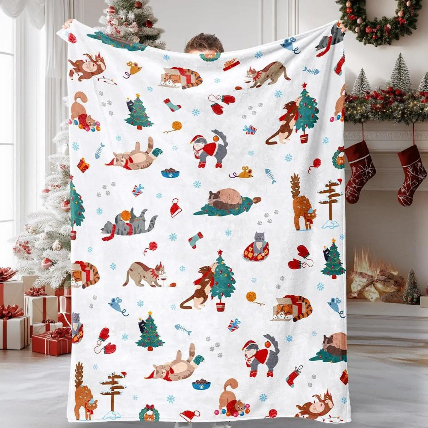 Christmas Throw Blanket Cute Christmas Cat Blanket Ultra Soft Flannel Fleece Blankets Winter Plush Fuzzy Warm Bed Blankets Xmas Holiday Decor for Couch Bed