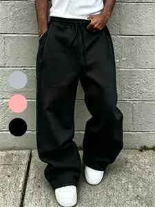 Comfortable Casual Home Sweatpants, Elastic Fabric, Plain Design, Loose-Fit Straight Leg, All Seasons, Unisex, Five Sizes Available