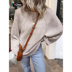 Women's Boat Neck Striped Colorblock Batwing Sleeve Pullover Sweater, Fall & Winter Casual Loose-Fitting Long Sleeve Fashion Cozy Stylish Soft Chic Knitted Sweater Top, Women Fall Outfit, Winter Sweater for Women, Autumn Clothes for WomenGift