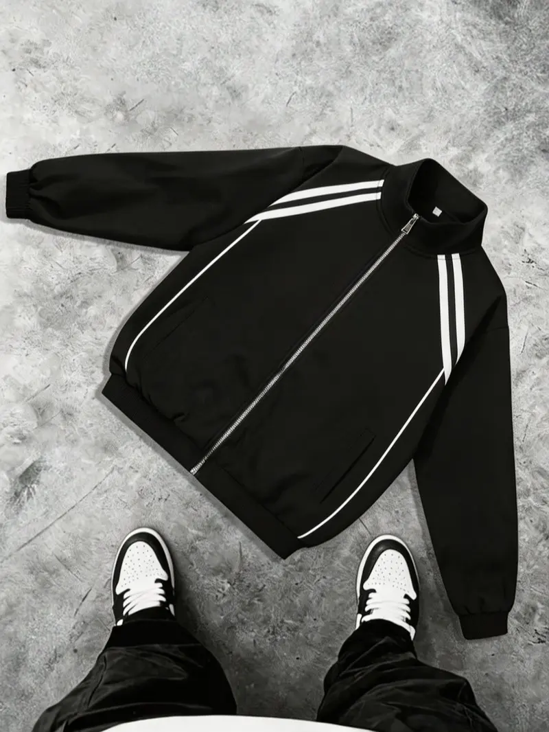Men’s retro striped stand-collar zip-up track jacket, loose fit, elastic hem cuffs, athletic bomber coat, Y2K hip hop streetwear, casual everyday wear, workout, travel, outdoor outerwear for men and teen boys, spring/fall