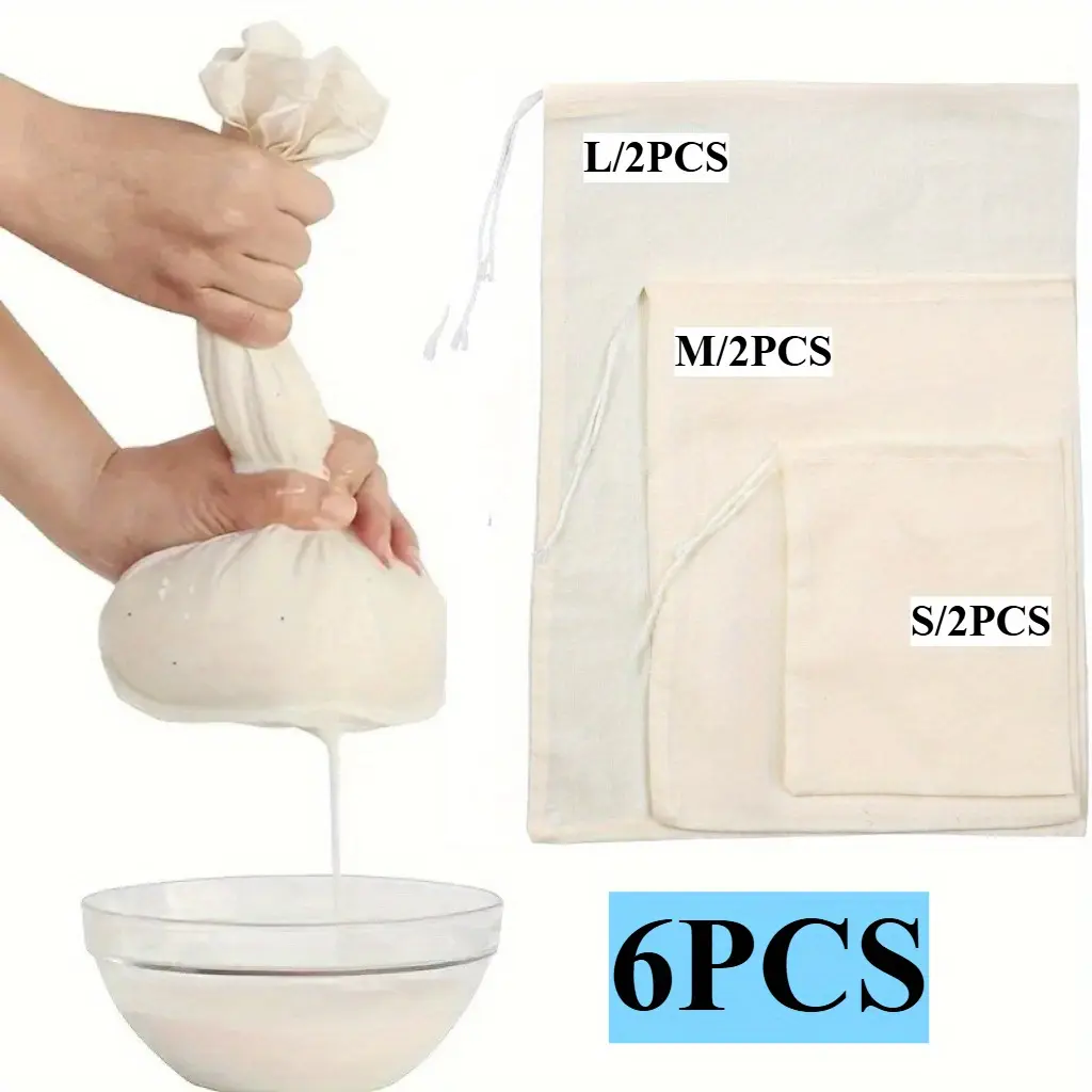 6 Reusable Gauze Filter Bags with Drawstring Closure - 3 Sizes, Food-Safe Fabric, Mesh Filter Insert Sieves and Colanders for Cooking, Juice Filtering, Cheese Making, Kitchen Utensil Essential