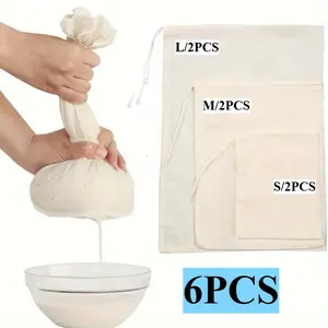 6 reusable gauze filter bags -3 sizes, kitchen essentials - used for filtering, cooking, baking, yogurt, juice, wine filtering, and cheese making - food safety fabric food filter bags with drawstring closure, kitchen essentials