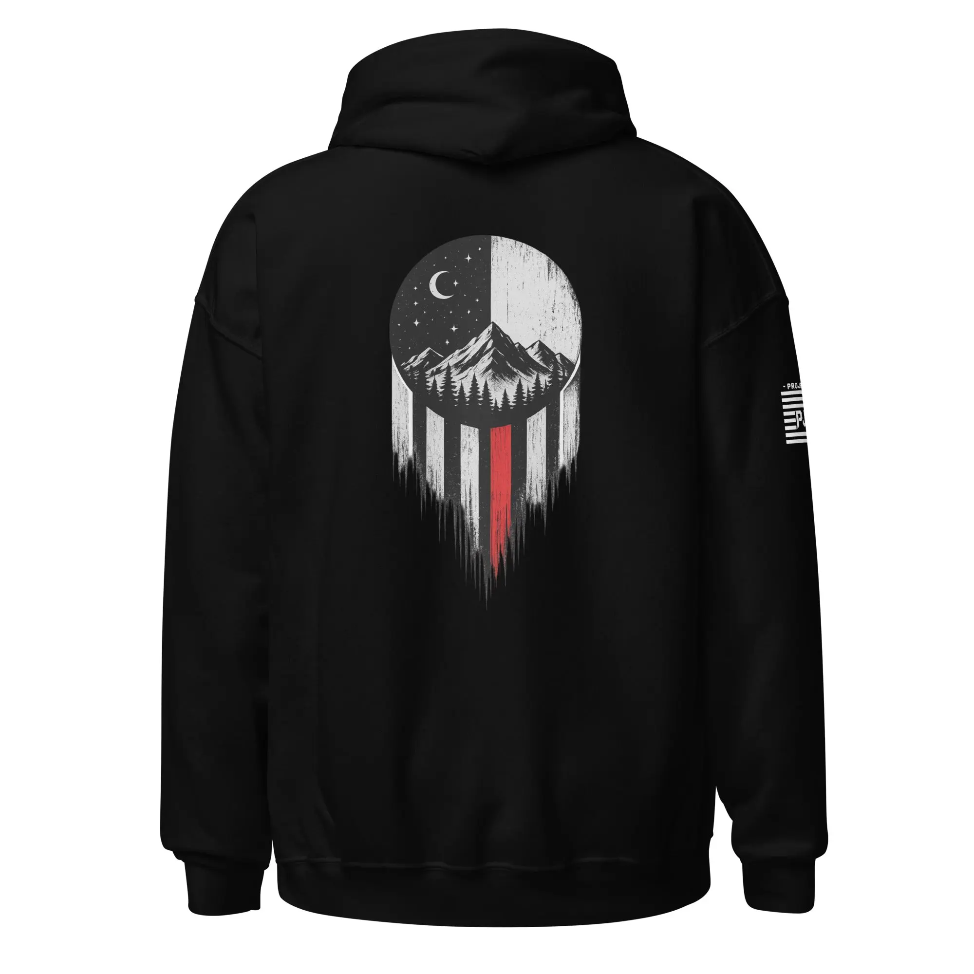 Men's Casual Graphic Pullover Hoodie, Soft Cotton-Polyester Blend with Distressed Mountain Stripes and Front Pocket, Menswear, Long, Tops, Sweatshirt, Spandex, Yarn, Knit, Matching