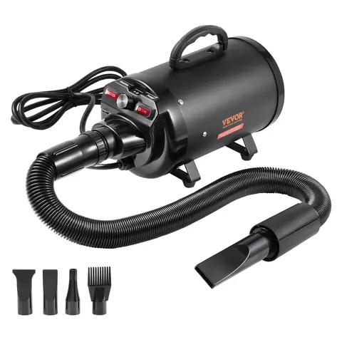 VEVOR 2000W/2.7HP Dog Blow Dryer for Pet Grooming, Anti-Scald Handle, Adjustable Gentle/Strong Speed, Temperature Control, 4 Nozzles, Extendable Easy-Connect Hose, Metal Housing, Heat Protection, Auto Shut-Off, Quick Gentle Drying, Safe Comfortable, Black