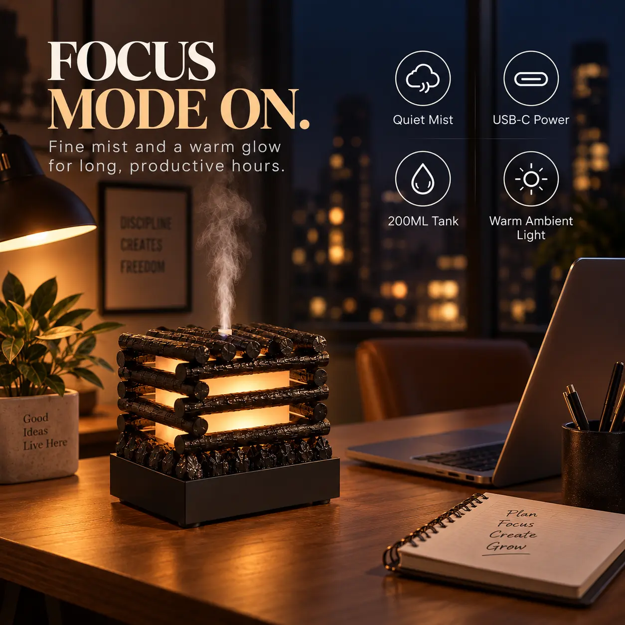 200ML Wood Grain Aroma Diffuser Humidifier, Stacked Firewood Design Cool Mist Diffuser with Warm Ambient Light, USB-C Powered Mist Maker for Bedroom, Desk, Office & Home Decor