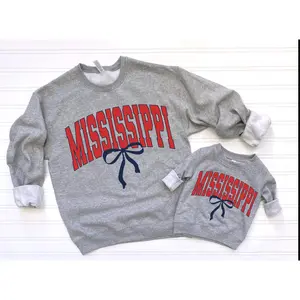 Women's Coquette Bow Graphic Sweatshirt, Oversized Mississippi Print Long Sleeve Top, Pill-Resistant Cotton-Polyester Blend for Everyday Wear