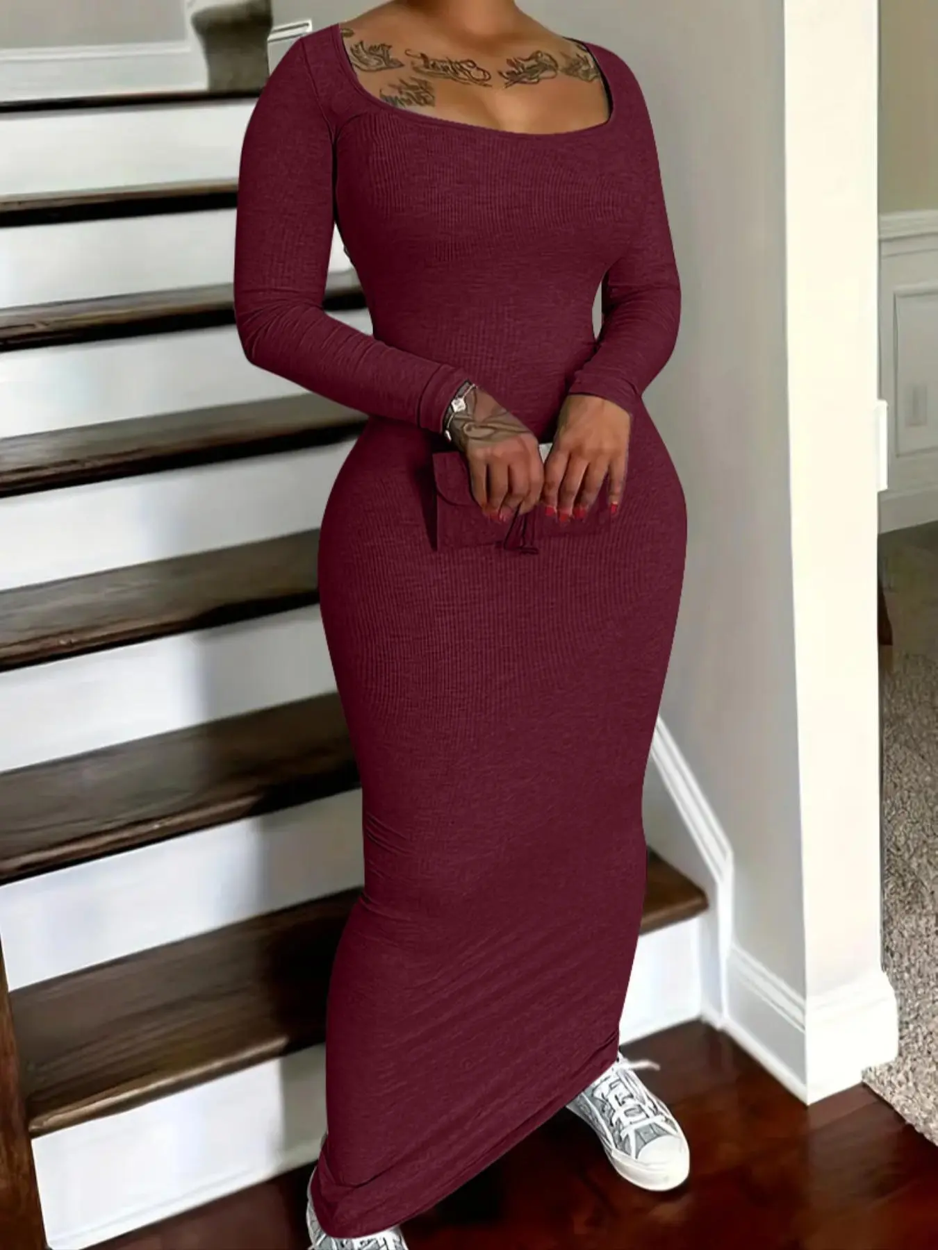 Women's Solid Scoop Neck Ribbed Knit Bodycon Dress, Chic Casual Long Sleeve Long Dress for Fall & Winter, Women's Clothing for Daily Wear - TikTok Shop Women's Solid Scoop Neck Ribbed Knit Bodycon Dress, Chic Casual Long Sleeve Long Dress for Fall & Winter, Women's Clothing for Daily Wear - TikTok Shop