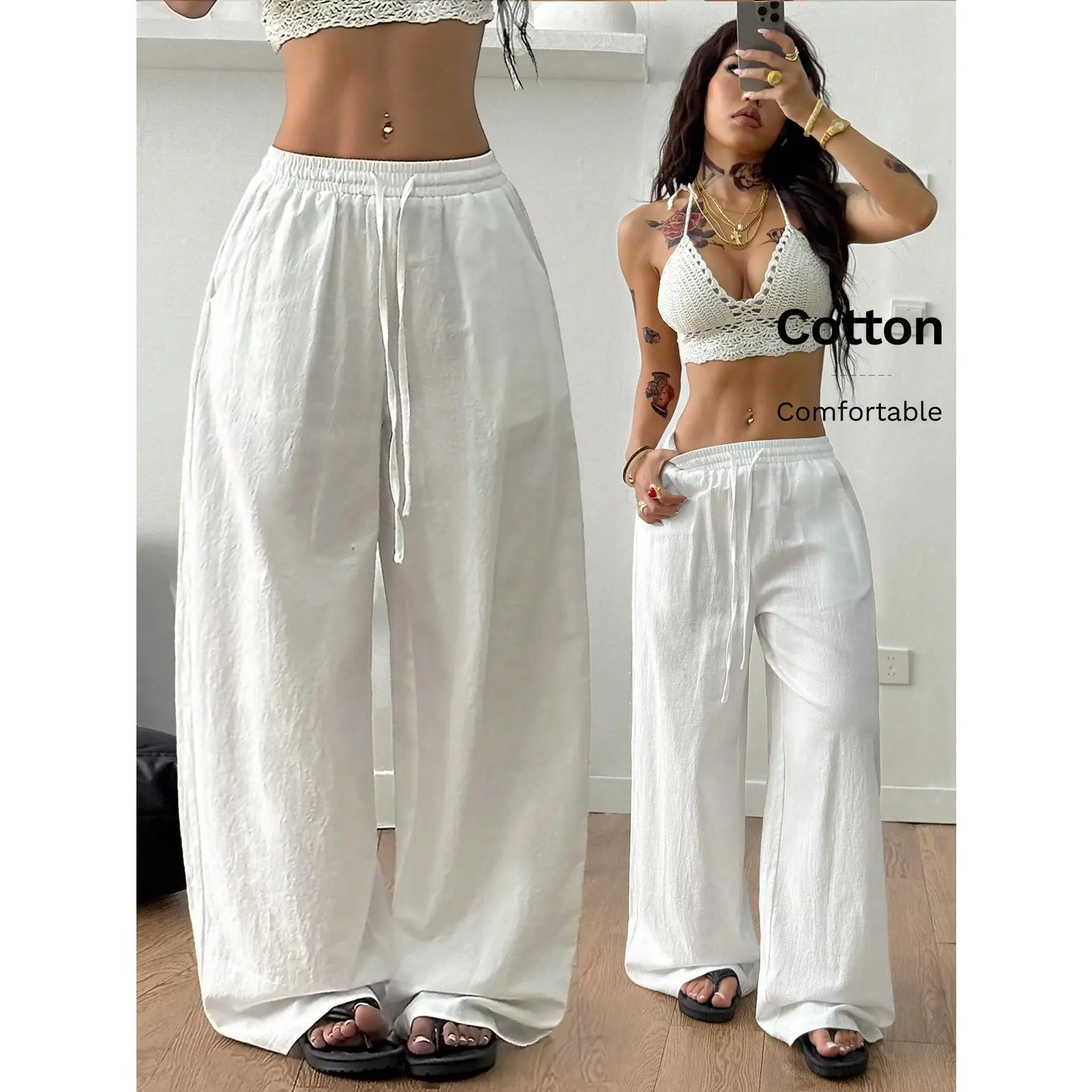 Women's Summer Country Concert Going Out Boho Beach Vacation Basic Minimalist Washed 100% Soft Fabric White Pants Curved Hem Pants, Fall Women Clothes