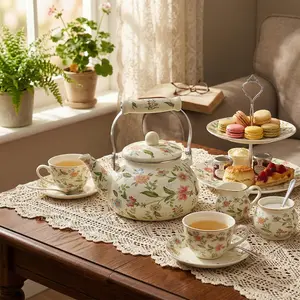 Vintage Floral Design Enamel Water Kettle with Ceramic Handle, Elegant Tea Pot and Coffee Pot for Cozy Kitchen and Garden Afternoon Teas, Aesthetic