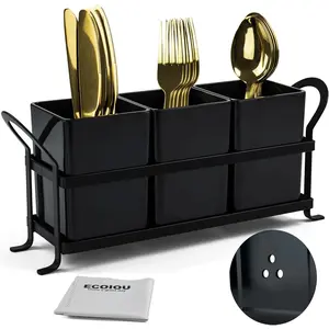 Cutlery Holder with Drain Holes, Dishwasher Safe Silverware for, Counter, 3pcs Bins Set Countertop Utensil Holder for, and, Black