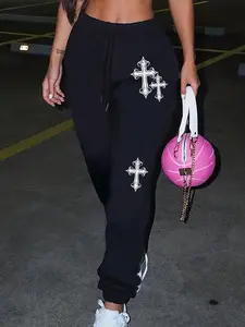 Women's Thick Graffiti Cross Print Jogger Pants, Casual Loose-Fit Street Style Sweatpants, All Seasons Home Wear