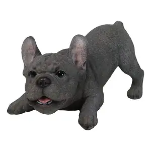 Realistic Adorable Grey French Bulldog Puppy Dog Crouching Frenchie Figurine