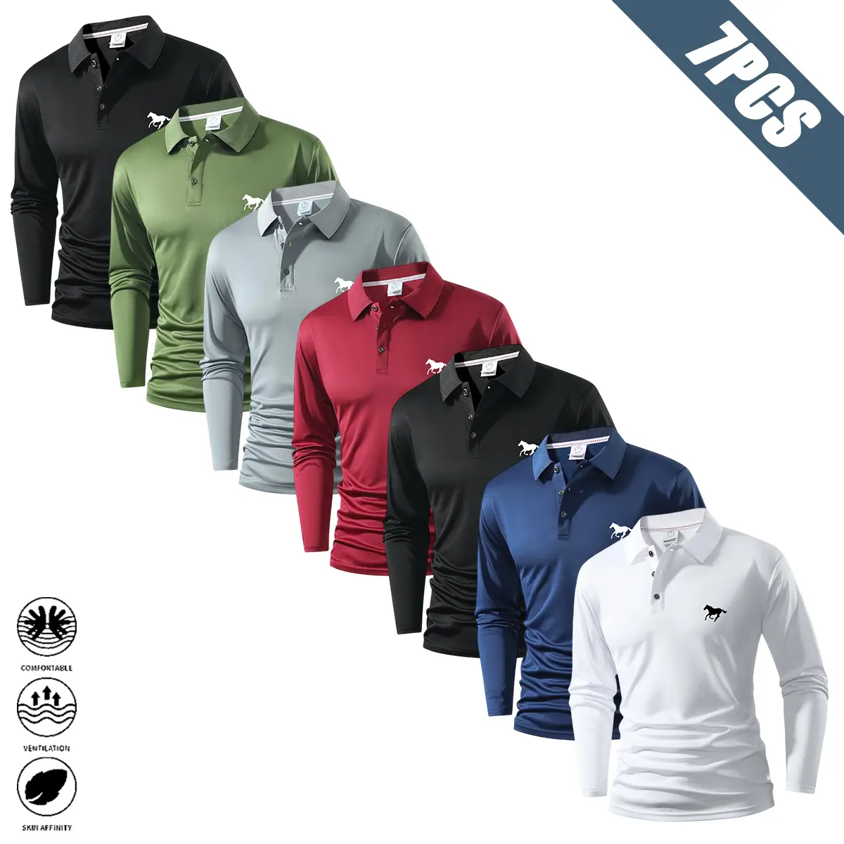 7-Pack Men’s Long-Sleeve Quick-Dry Polo Shirts with Apron Print Collar Design, Solid Color Options, Skin-Friendly, Breathable, Wrinkle-Resistant Fabric, Soft, Sweat-Ventilated, Comfortable Tops for Daily Commuting, Outdoor Activities, Casual Wear, and Ver