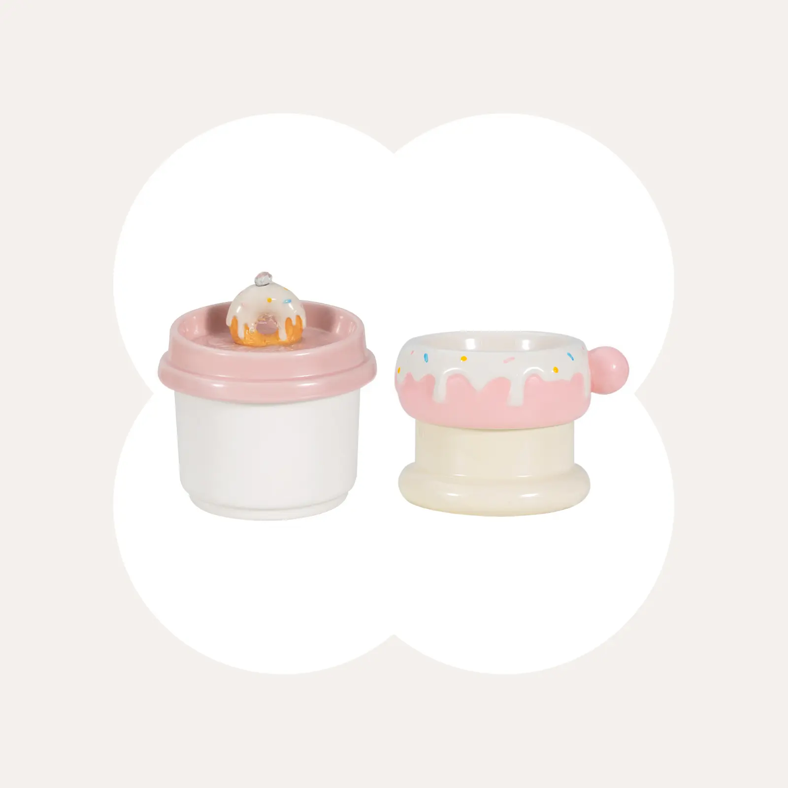 Happy & Polly Soft Pastel Donut Series Ceramic Cat Feeder Kits - 27oz Food Bowl, 42oz Automatic Filtration Water Fountain, 5.31in Height (Dust-Proof Top Cover) Reduces Neck Strain, Cute Matching Set Promotes Healthy Drinking Habits, Food Feeders, Smart, S