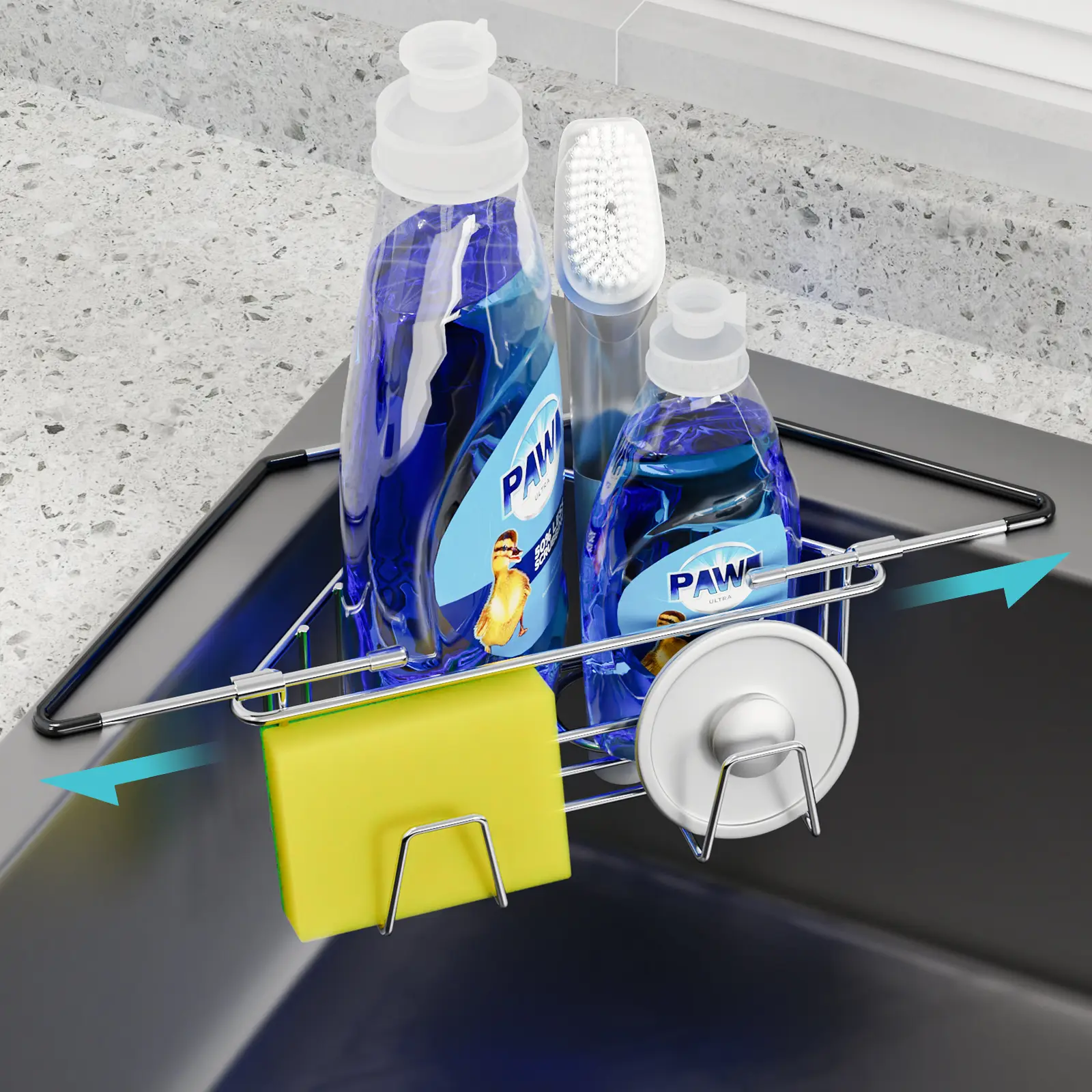 NiHome Adjustable Triangular Stainless Steel Kitchen Corner Storage Rack - Adjustable Metal Rack with Coated Grip Arms, Durable Fast-Drying Sink Organizer, Easy-Install Holder for Organizing Dish Brushes, Reduces Bacterial Buildup, Fits All Sink Types, Te