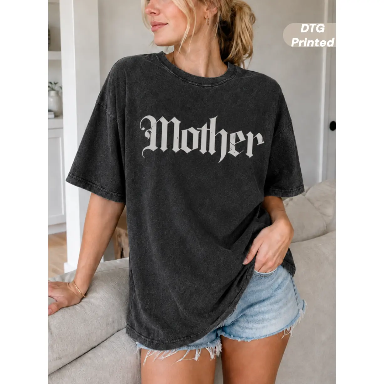 MUSEBEAU Mother Gothic Shirt DTG Printed Old English Tee,100% Cotton Heavyweight Goth Mom Shirt,Alternative Mom Outfit, Loose-Fit Vintage Washed Graphic T-Shirt,Short-Sleeve Womenswear Top Grunge Mama Gift,Edgy Mothers Day Tee,All Seasons,Soft Breathable